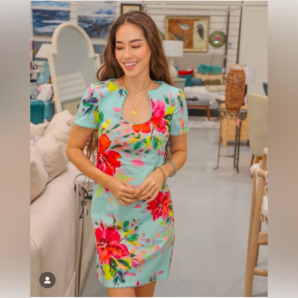 TRINA TURK Blue Rashida Floral Frayed Trim Sheath Cocktail Dress Size 4 bin1